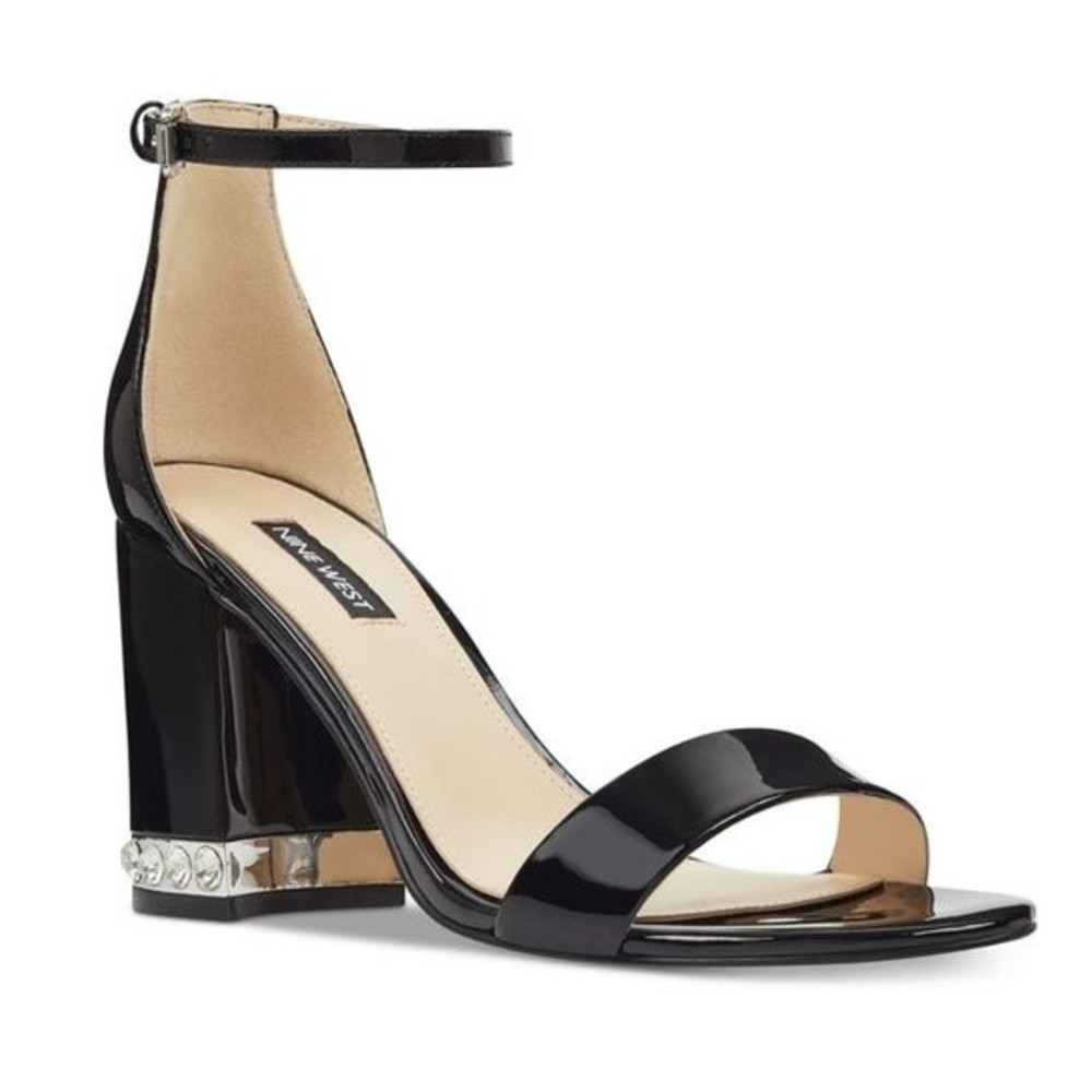 Nine West Size 8 Abigail Black Patent Leather Jeweled Block Heel Dress Sandals